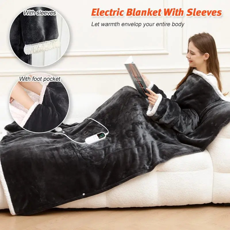 Warmth sherpa foot pocket and wide sleeves on a wearable heated blanket