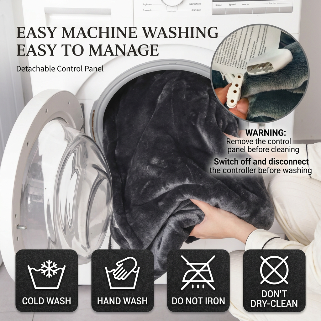 Machine washing a heated blanket with the detachable controller removed